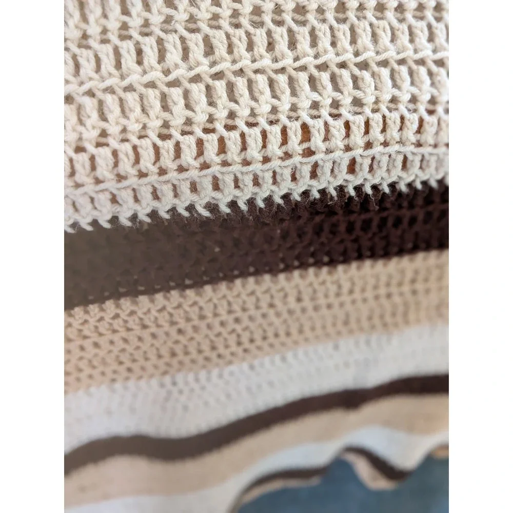 Vintage Handmade Crochet Afghan Throw Blanket 63x53 Tan Cream Brown Striped Farm